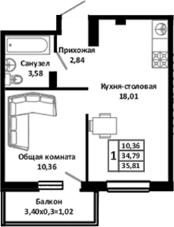 Планировка — Южные Соседи, 2-комн., 37 м²