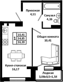 Планировка — Южные Соседи, 2-комн., 36 м²