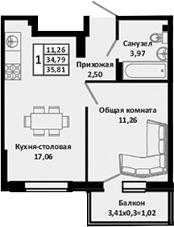 Планировка — Южные Соседи, 2-комн., 36 м²