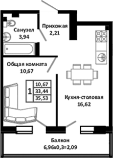 Планировка — Южные Соседи, 2-комн., 38 м²