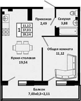 Планировка — Южные Соседи, 2-комн., 42 м²