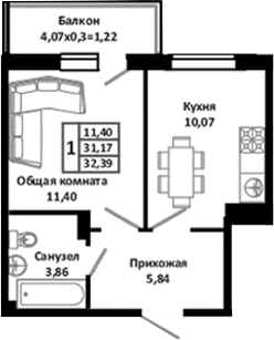 Планировка — Южные Соседи, 1-комн., 34 м²