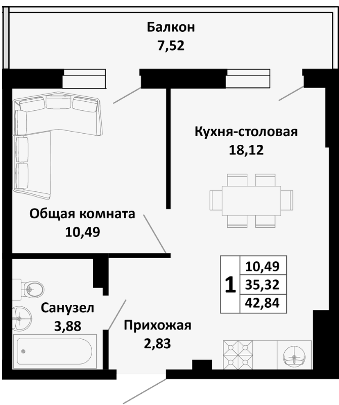 Планировка — Южные Соседи, 1-комн., 35 м²