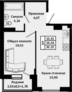 Планировка — Южные Соседи, 2-комн., 36 м²
