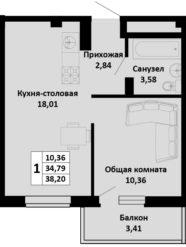 Планировка — Южные Соседи, 2-комн., 35 м²