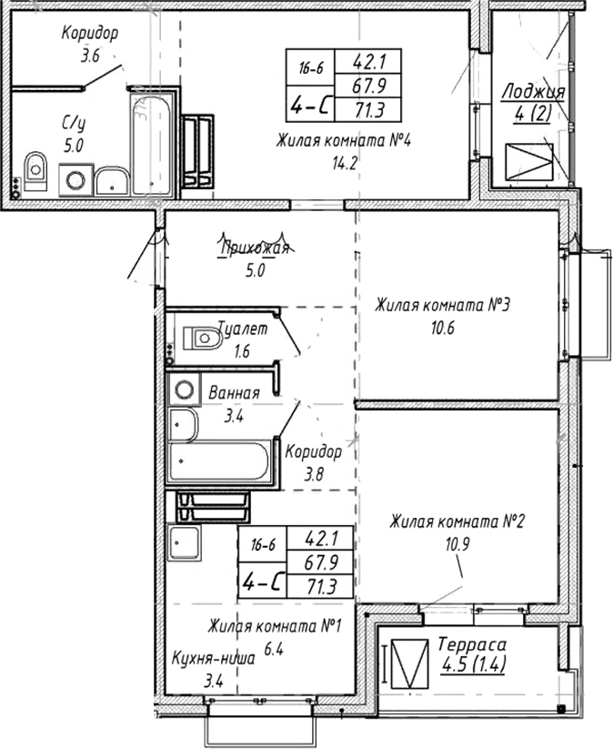 Планировка — Виноград, 4-комн., 68 м²