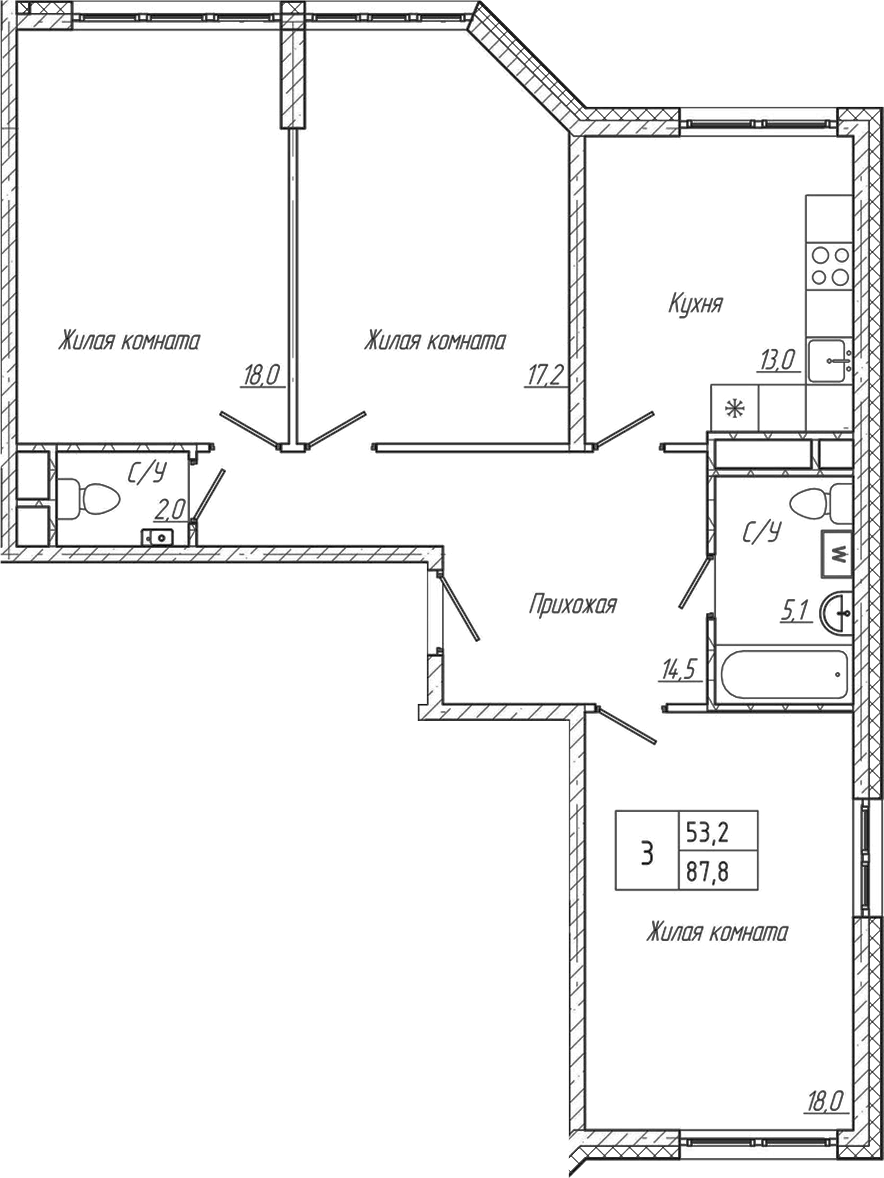 Планировка — Шория-Град. Шерегеш, 3-комн., 88 м²