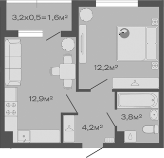 Планировка — Дзенпарк, 1-комн., 33 м²