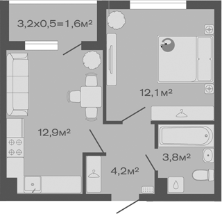 Планировка — Дзенпарк, 1-комн., 33 м²