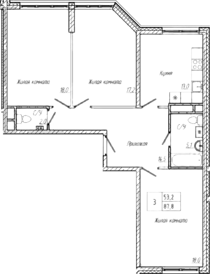Планировка — Шория-Град. Шерегеш, 3-комн., 88 м²