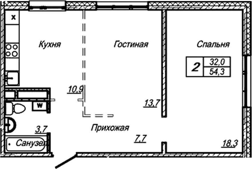 Планировка — Шория-Град. Шерегеш, 2-комн., 54 м²