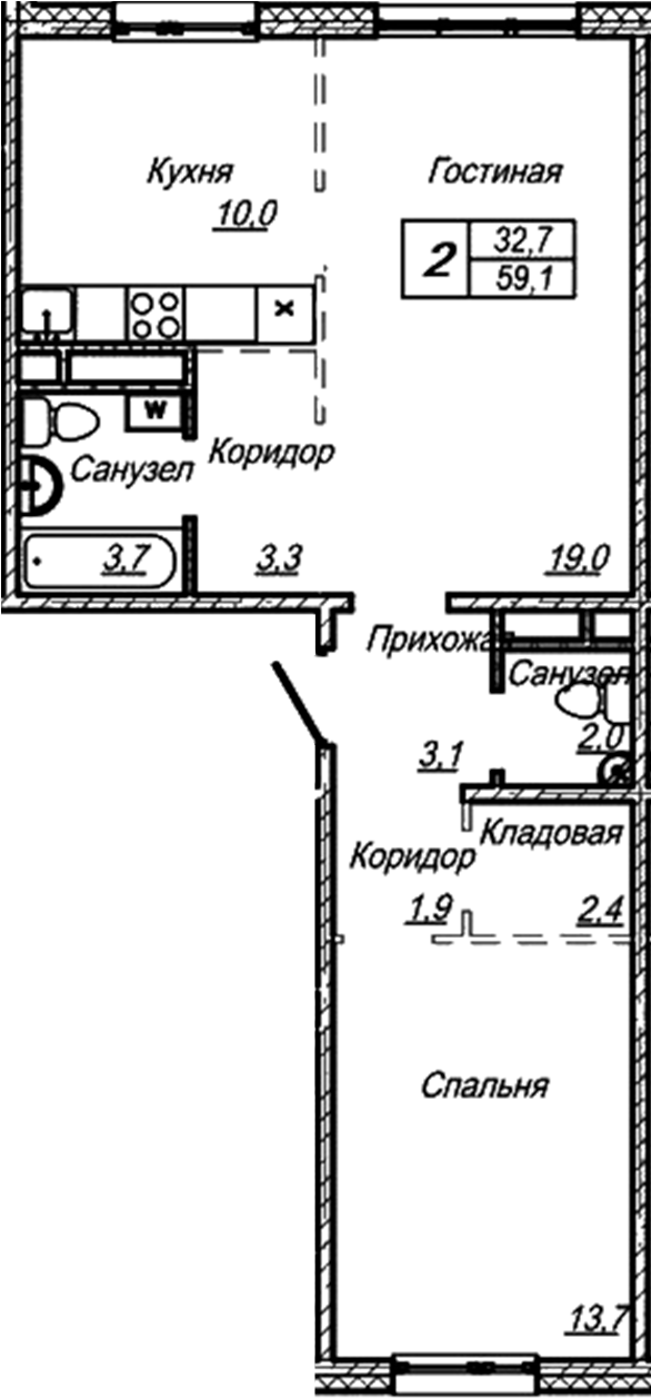 Планировка — Шория-Град. Шерегеш, 2-комн., 59 м²