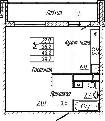 Планировка — Шория-Град. Шерегеш, Студия, 36 м²
