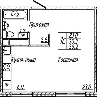 Планировка — Шория-Град. Шерегеш, Студия, 36 м²