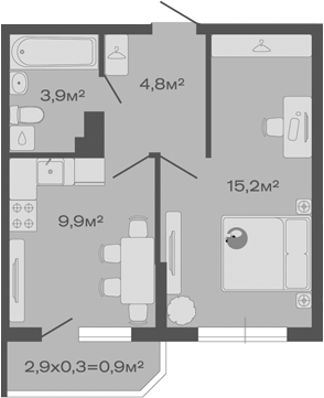 Планировка — Дзенпарк, 1-комн., 34 м²