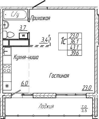 Планировка — Шория-Град. Шерегеш, Студия, 36 м²