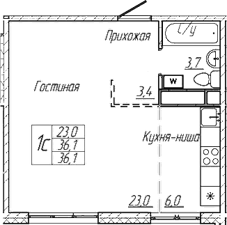 Планировка — Шория-Град. Шерегеш, Студия, 36 м²