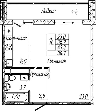 Планировка — Шория-Град. Шерегеш, Студия, 36 м²