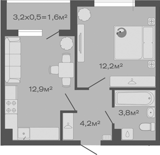 Планировка — Дзенпарк, 1-комн., 33 м²