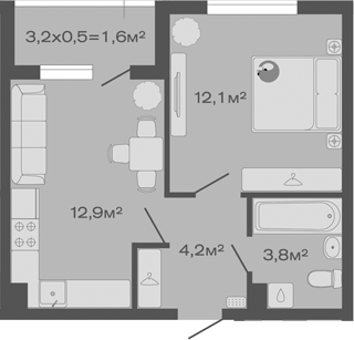 Планировка — Дзенпарк, 1-комн., 33 м²