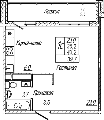 Планировка — Шория-Град. Шерегеш, Студия, 36 м²