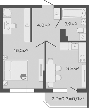 Планировка — Дзенпарк, 1-комн., 34 м²