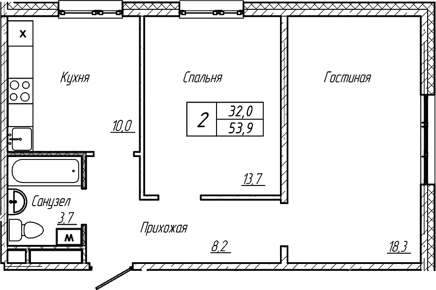 Планировка — Шория-Град. Шерегеш, 2-комн., 54 м²