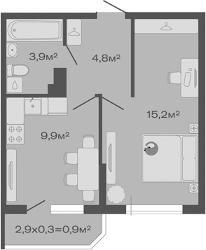 Планировка — Дзенпарк, 1-комн., 34 м²