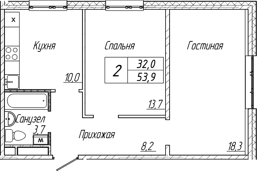 Планировка — Шория-Град. Шерегеш, 2-комн., 54 м²