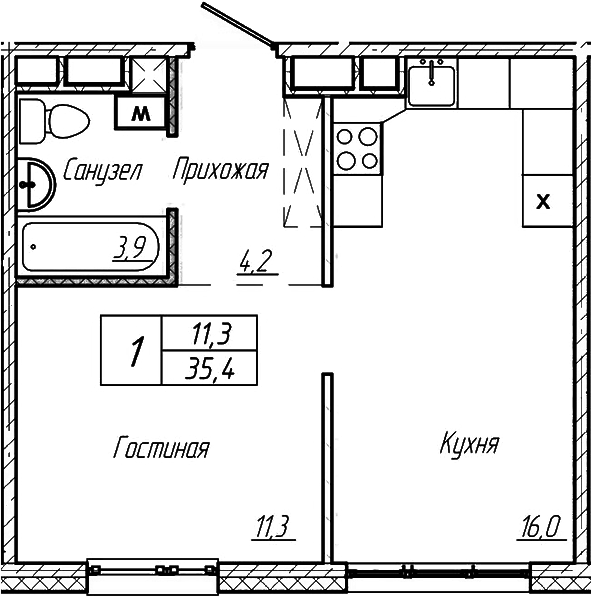 Планировка — Шория-Град. Шерегеш, 1-комн., 35 м²