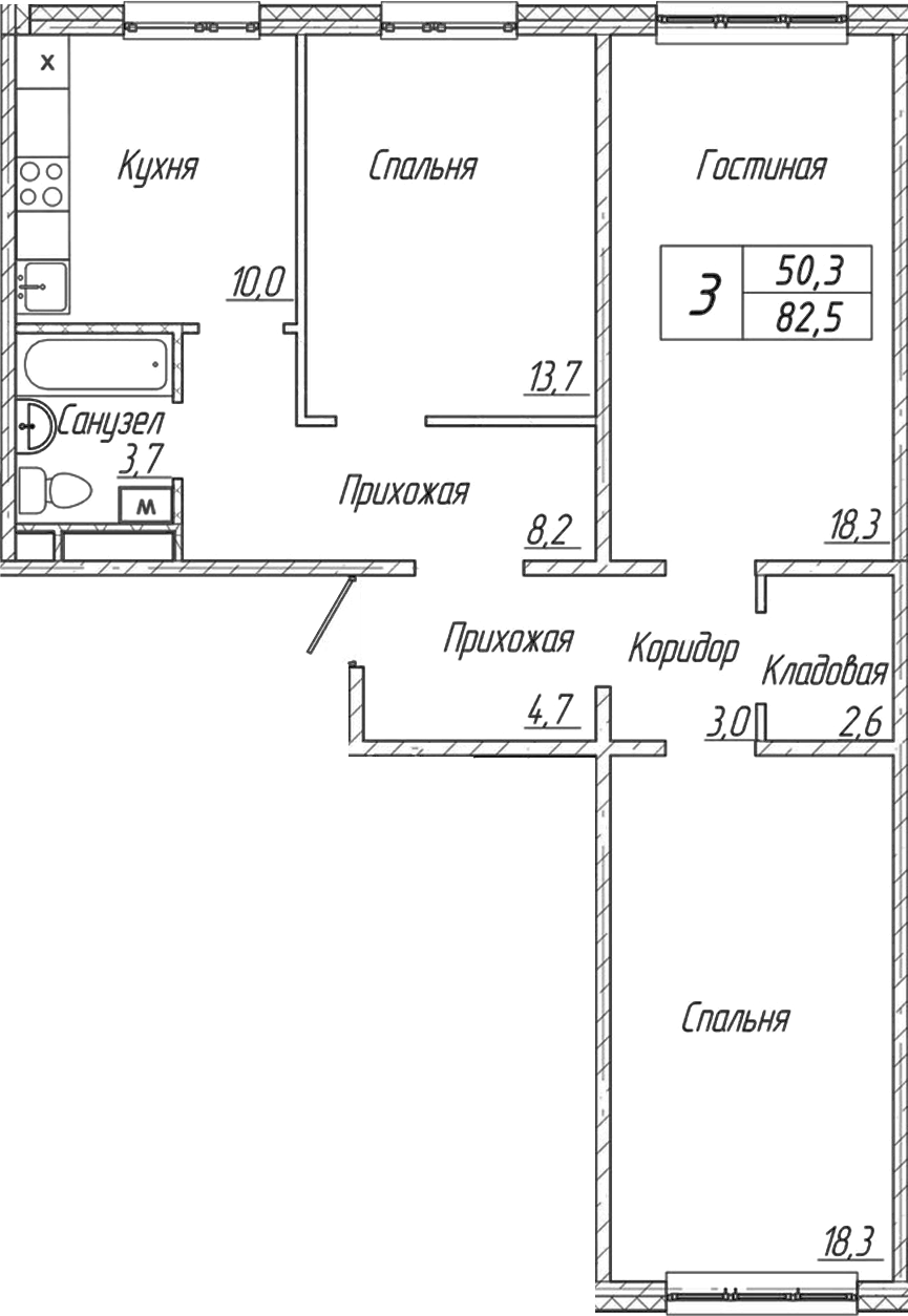Планировка — Шория-Град. Шерегеш, 3-комн., 83 м²