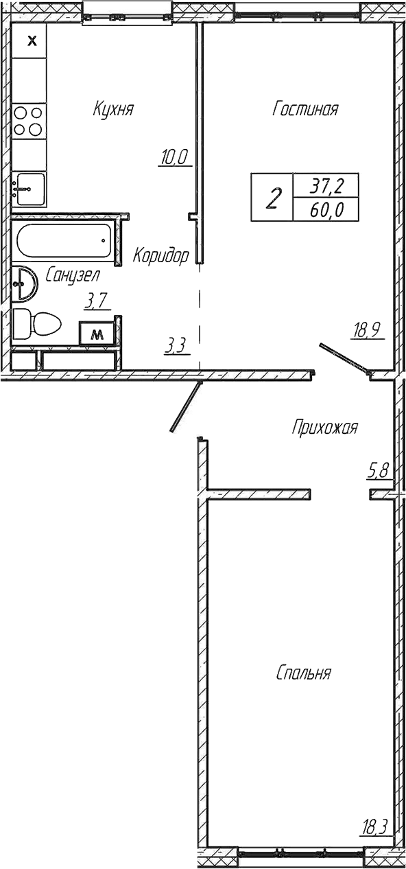 Планировка — Шория-Град. Шерегеш, 2-комн., 60 м²