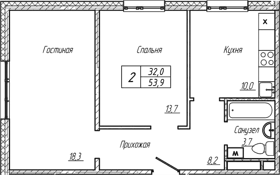 Планировка — Шория-Град. Шерегеш, 2-комн., 54 м²