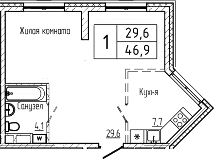 Планировка — Шория-Град. Шерегеш, 1-комн., 47 м²