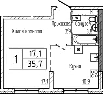Планировка — Шория-Град. Шерегеш, 1-комн., 36 м²