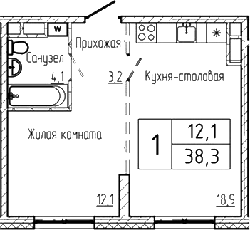 Планировка — Шория-Град. Шерегеш, 1-комн., 38 м²