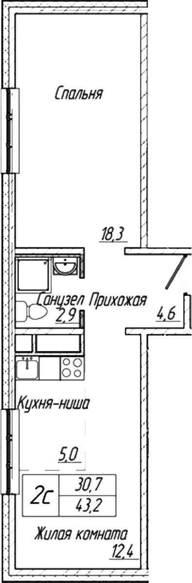 Планировка — Шория-Град. Шерегеш, 1-комн., 43 м²