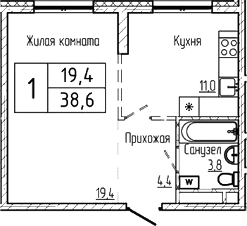 Планировка — Шория-Град. Шерегеш, 1-комн., 39 м²