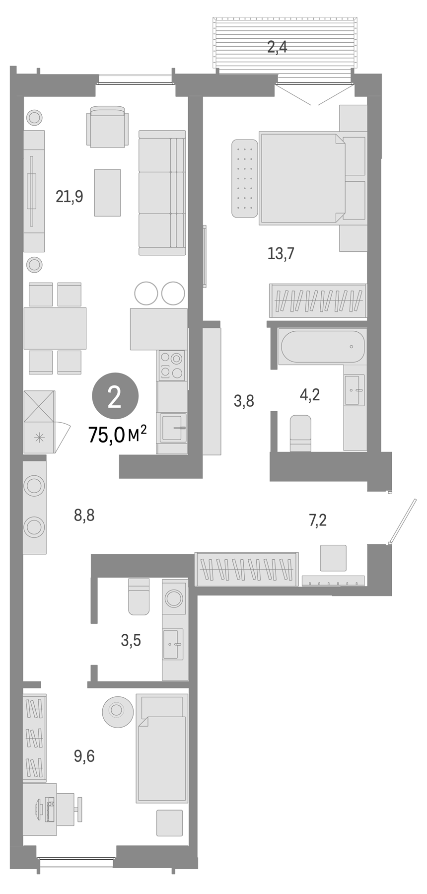 Планировка — Европейский берег, 3-комн., 73 м²