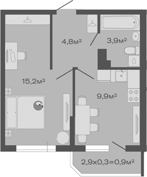 Планировка — Дзенпарк, 1-комн., 34 м²