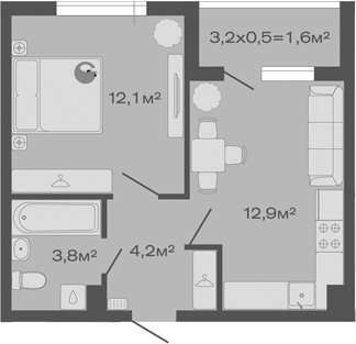 Планировка — Дзенпарк, 1-комн., 33 м²