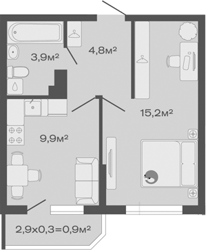 Планировка — Дзенпарк, 1-комн., 34 м²