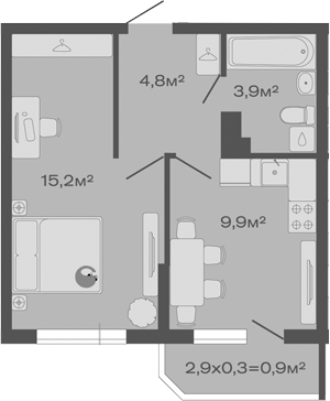 Планировка — Дзенпарк, 1-комн., 34 м²