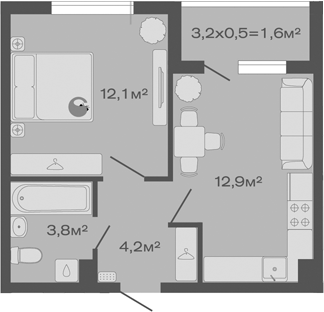 Планировка — Дзенпарк, 1-комн., 33 м²