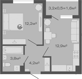 Планировка — Дзенпарк, 1-комн., 33 м²