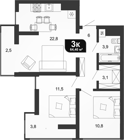 Планировка — Сочи Парк, 2-комн., 58 м²
