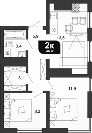 Планировка — Сочи Парк, 2-комн., 46 м²