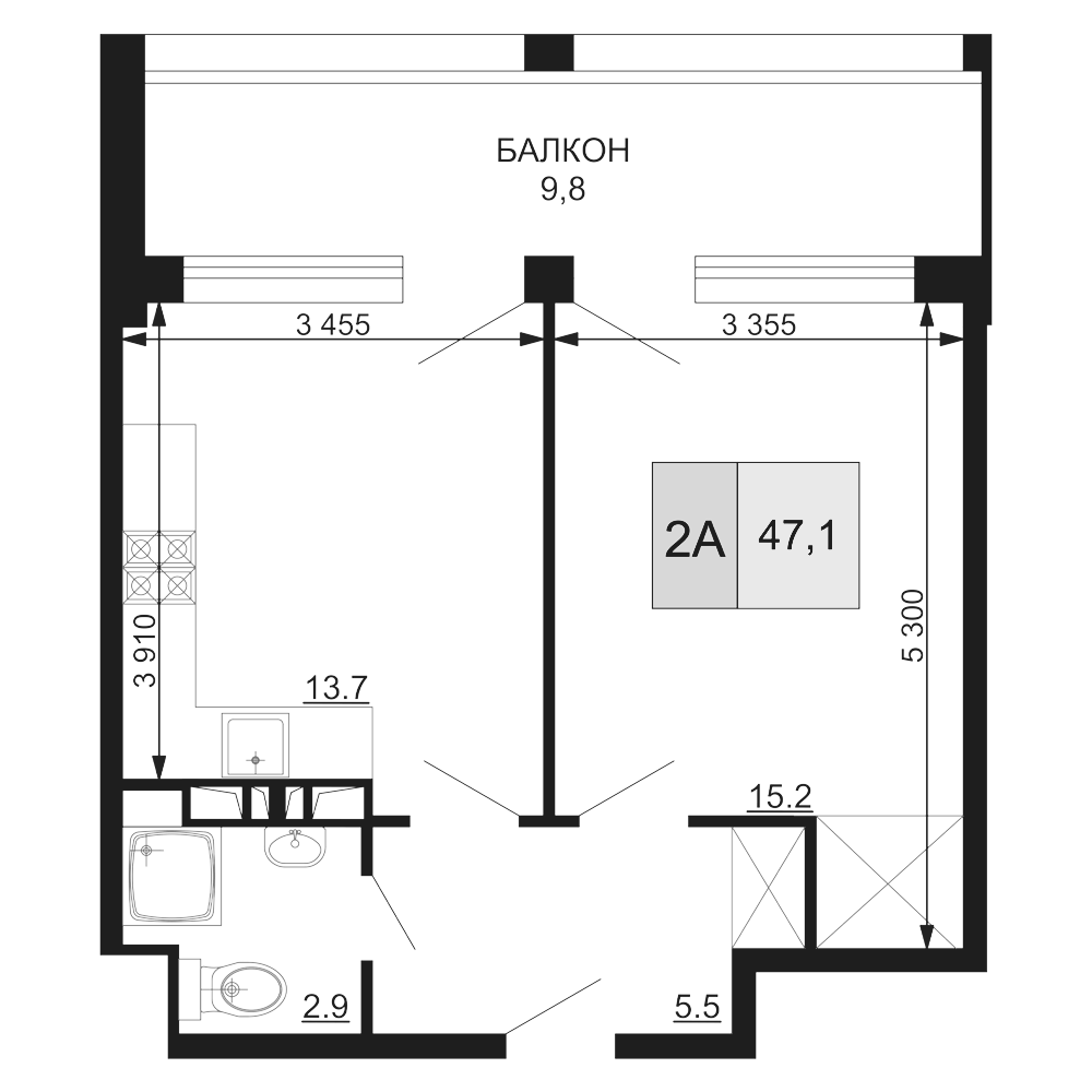 Планировка — Гостиничный комплекс Мореград, 2-комн., 37 м²
