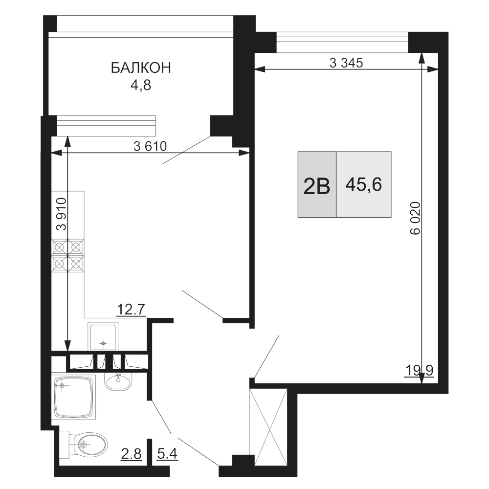 Планировка — Гостиничный комплекс Мореград, 2-комн., 41 м²