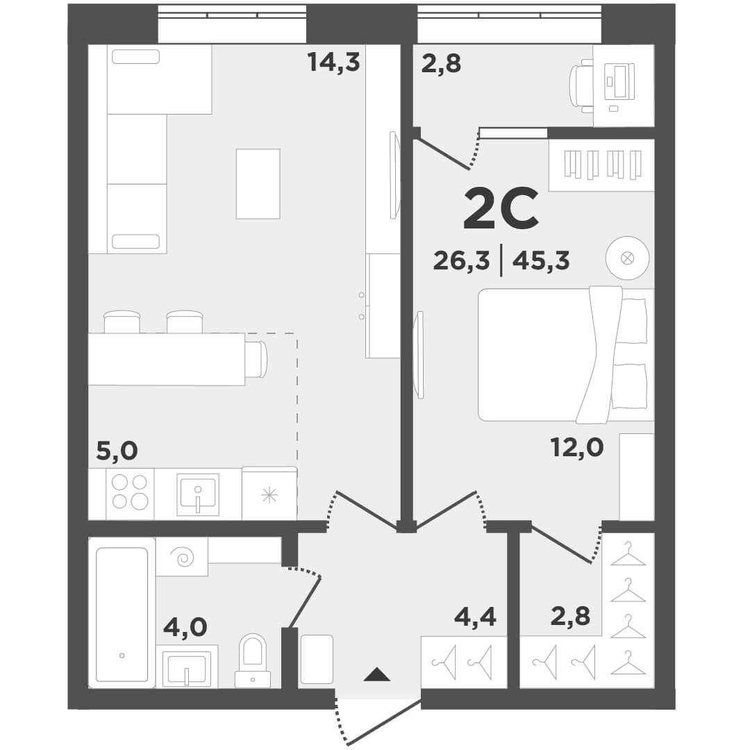 Планировка — Поколение, 2-комн., 43 м²